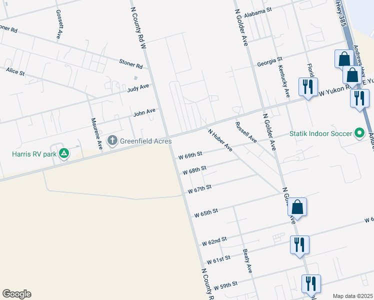 map of restaurants, bars, coffee shops, grocery stores, and more near 906 West 69th Street in Odessa