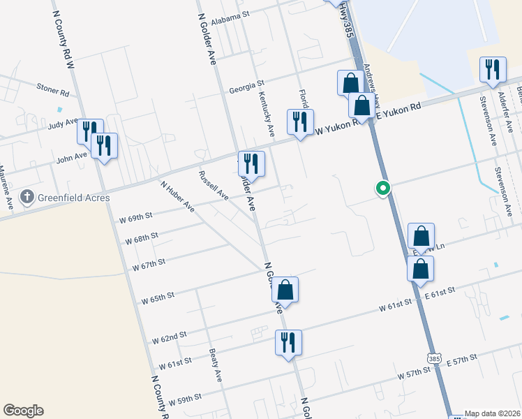 map of restaurants, bars, coffee shops, grocery stores, and more near 701-799 Cedar Street in Odessa