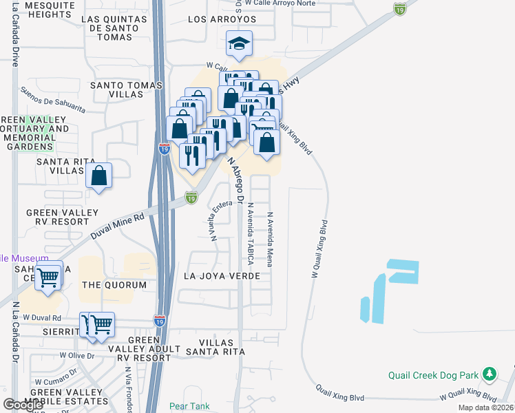 map of restaurants, bars, coffee shops, grocery stores, and more near 360 East Calle Minerva in Green Valley