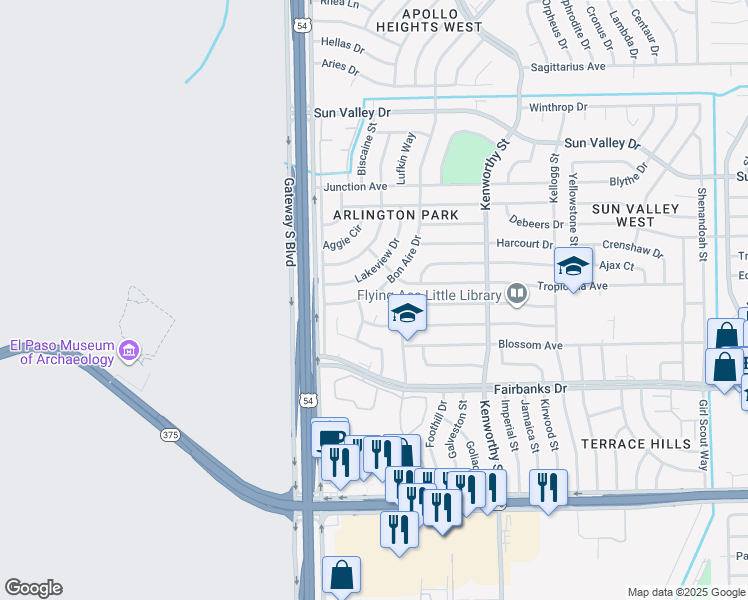 map of restaurants, bars, coffee shops, grocery stores, and more near 10183 Bon Aire Drive in El Paso