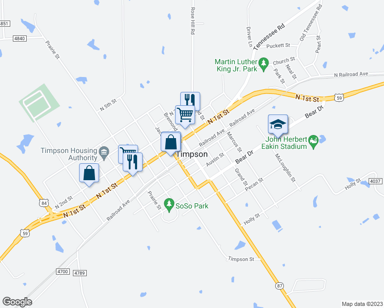 map of restaurants, bars, coffee shops, grocery stores, and more near in Timpson