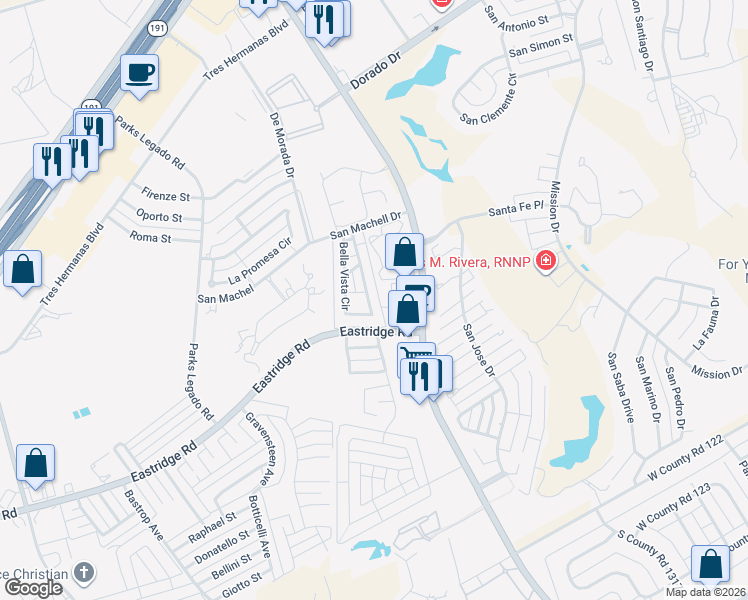 map of restaurants, bars, coffee shops, grocery stores, and more near 220 Bella Vista Circle in Odessa
