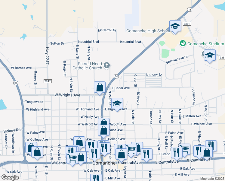 map of restaurants, bars, coffee shops, grocery stores, and more near in Comanche