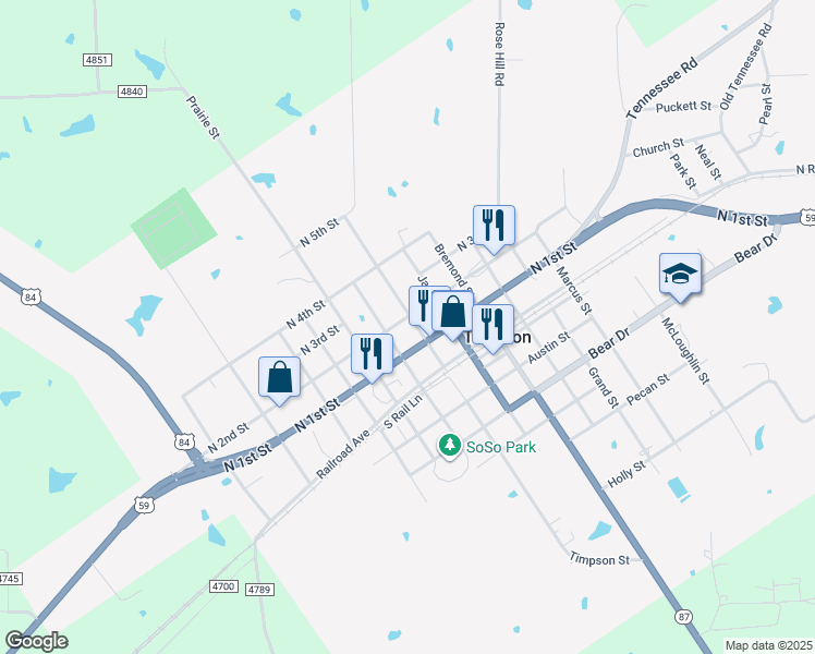 map of restaurants, bars, coffee shops, grocery stores, and more near 630 North 2nd Street in Timpson