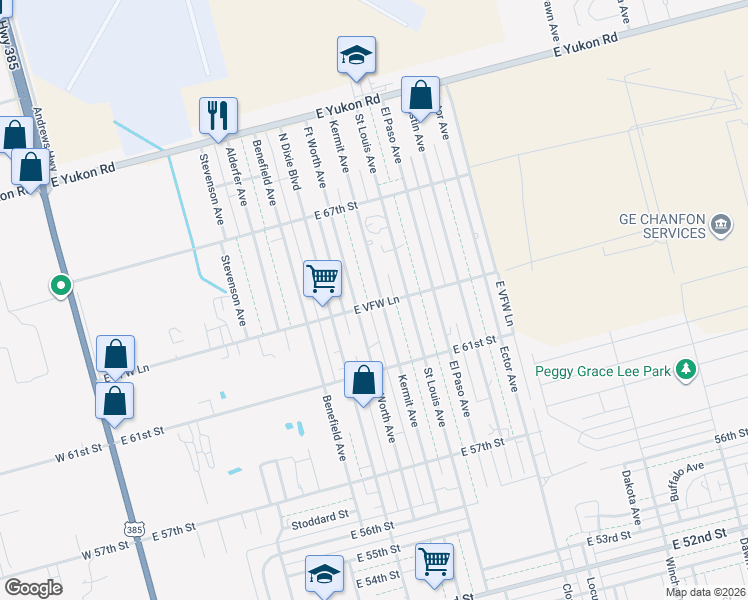 map of restaurants, bars, coffee shops, grocery stores, and more near 6301 Kermit Avenue in Odessa