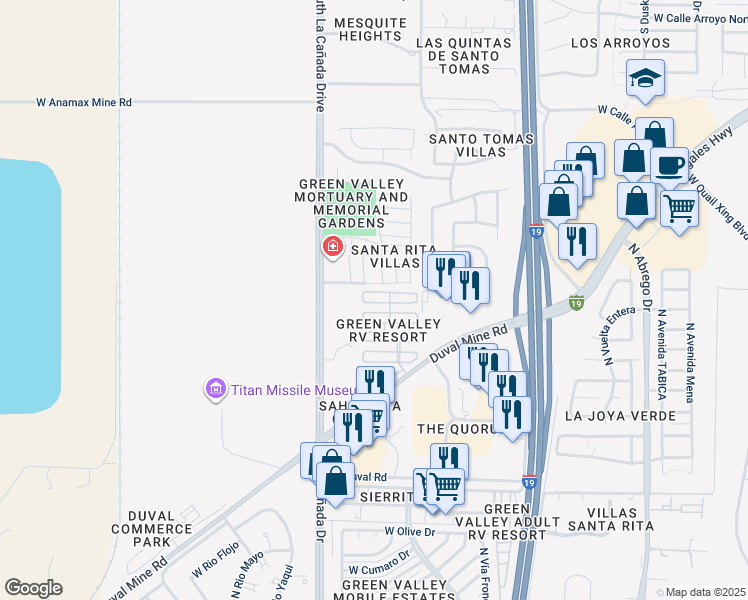 map of restaurants, bars, coffee shops, grocery stores, and more near 1290 West Rattlesnake Lane in Green Valley