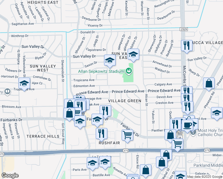 map of restaurants, bars, coffee shops, grocery stores, and more near 5405 Prince Edward Avenue in El Paso