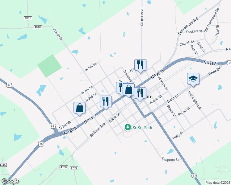 map of restaurants, bars, coffee shops, grocery stores, and more near 630 North 2nd Street in Timpson