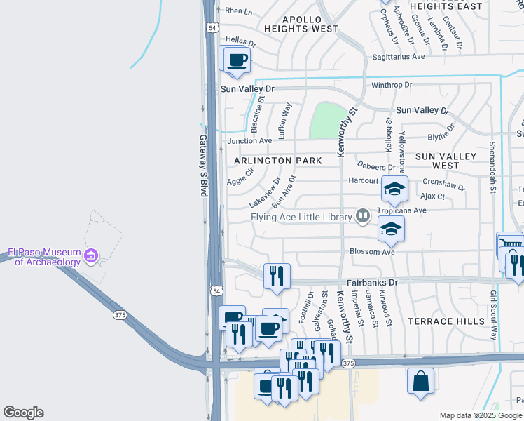 map of restaurants, bars, coffee shops, grocery stores, and more near 10183 Bon Aire Drive in El Paso