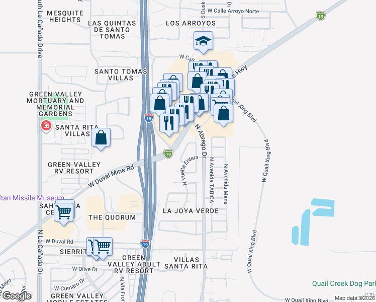 map of restaurants, bars, coffee shops, grocery stores, and more near 2490 North Camino Reloj in Green Valley