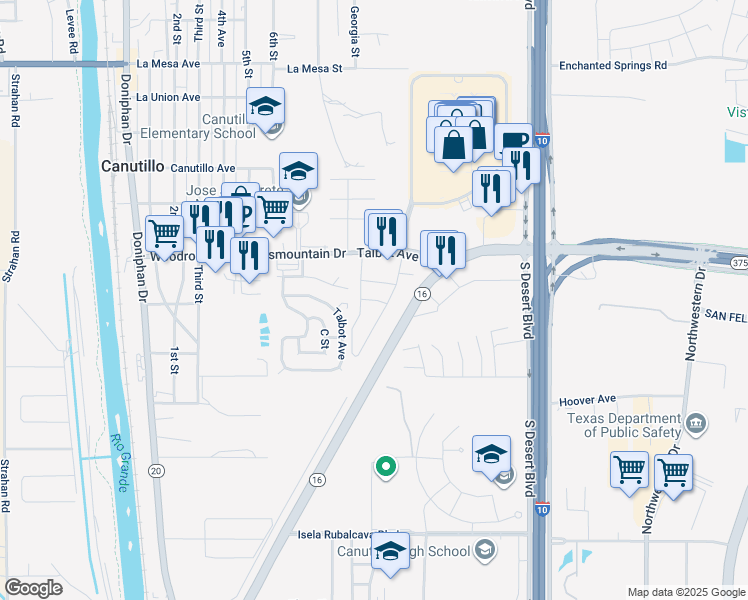 map of restaurants, bars, coffee shops, grocery stores, and more near 13 Road C in El Paso