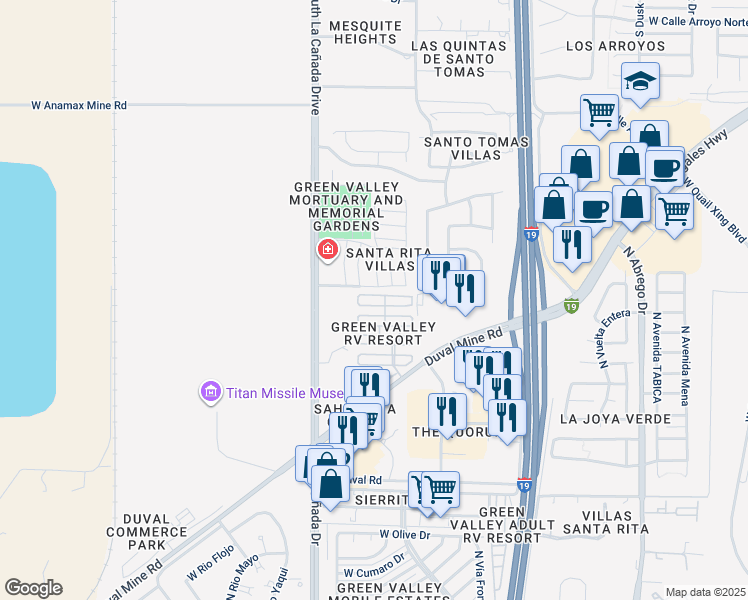 map of restaurants, bars, coffee shops, grocery stores, and more near 1290 West Rattlesnake Lane in Green Valley