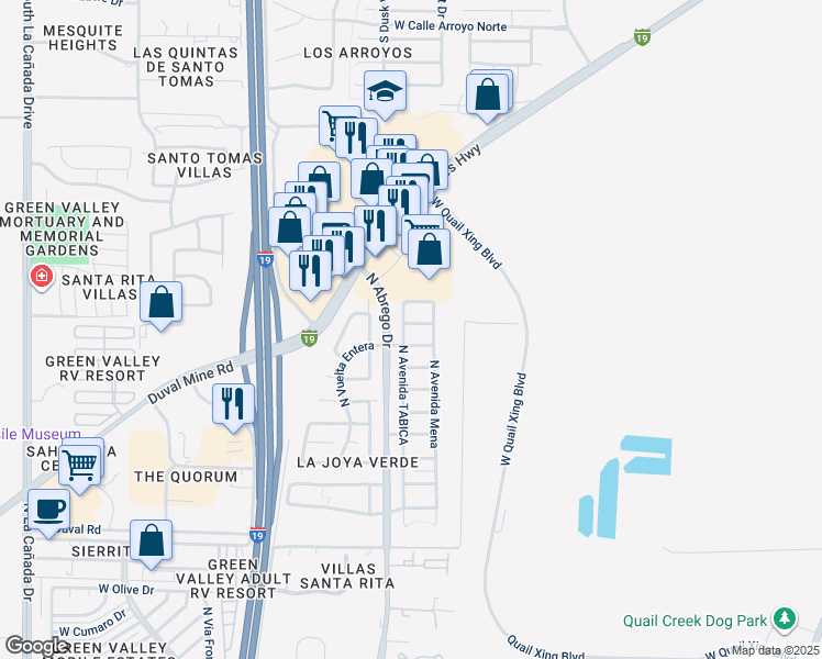 map of restaurants, bars, coffee shops, grocery stores, and more near 320 East Calle Minerva in Green Valley