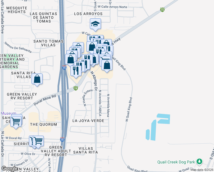 map of restaurants, bars, coffee shops, grocery stores, and more near 360 East Calle Minerva in Green Valley