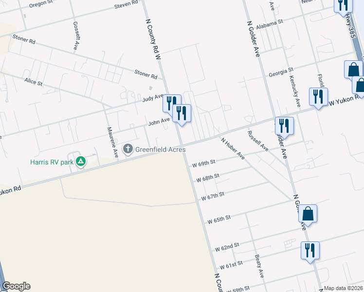 map of restaurants, bars, coffee shops, grocery stores, and more near 911 West Yukon Road in Odessa