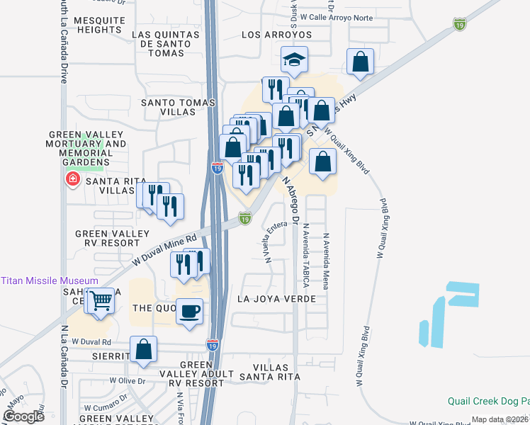 map of restaurants, bars, coffee shops, grocery stores, and more near 2490 North Camino Reloj in Green Valley