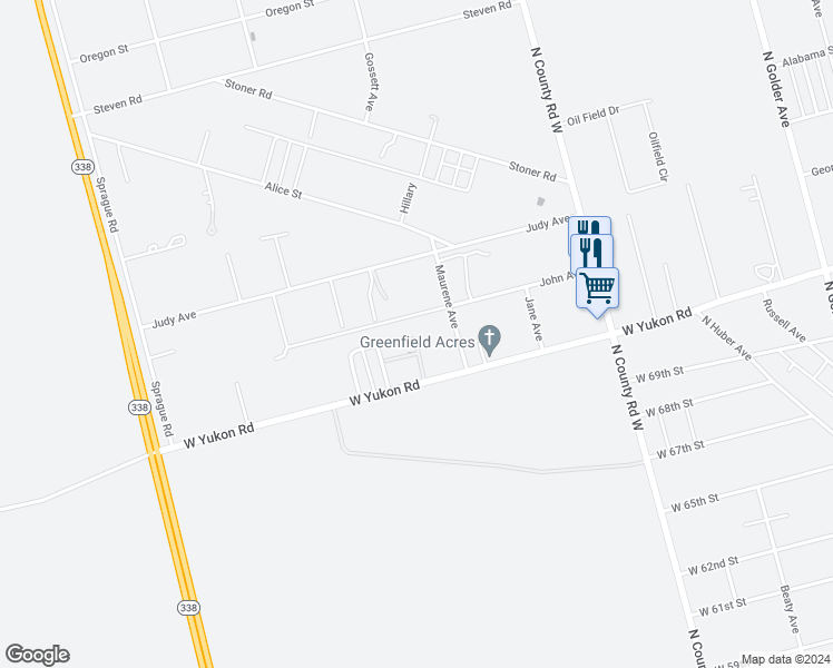 map of restaurants, bars, coffee shops, grocery stores, and more near 2318 West Yukon Road in Odessa