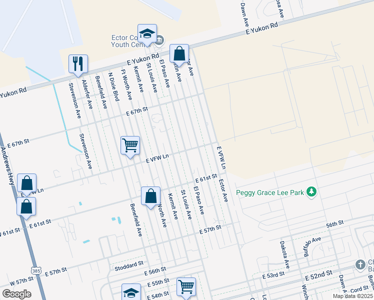 map of restaurants, bars, coffee shops, grocery stores, and more near 6211 Austin Avenue in Odessa