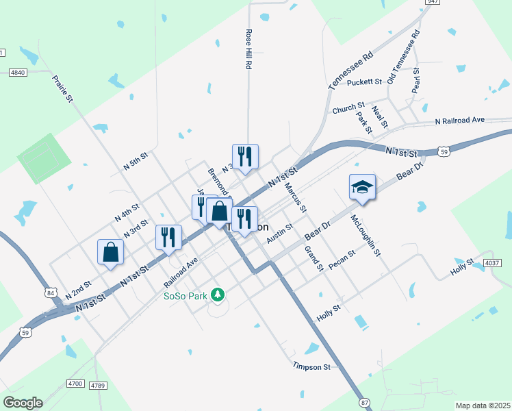 map of restaurants, bars, coffee shops, grocery stores, and more near in Timpson