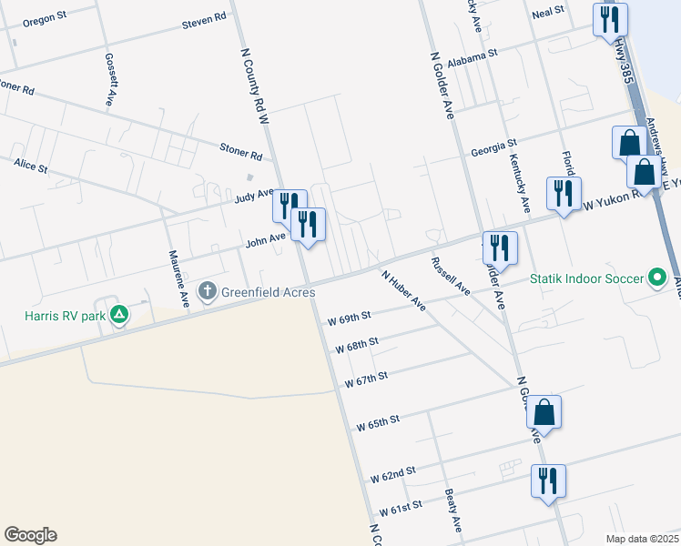 map of restaurants, bars, coffee shops, grocery stores, and more near 906 West 69th Street in Odessa