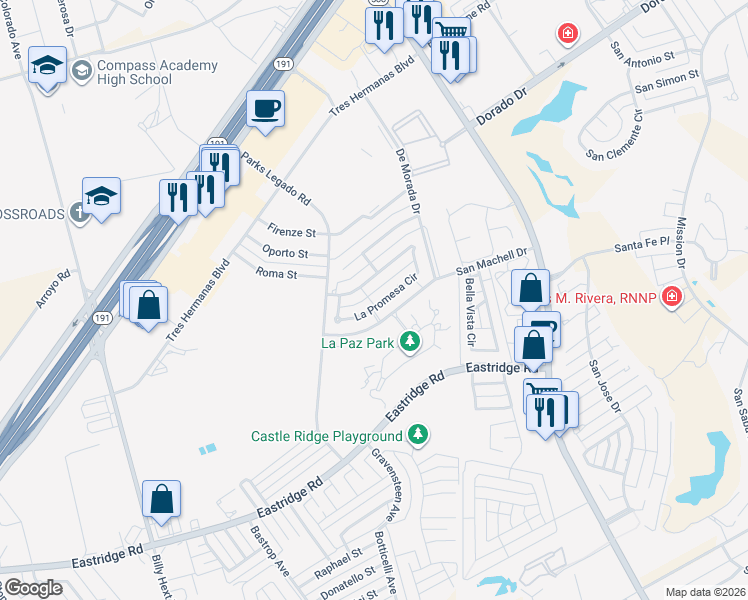 map of restaurants, bars, coffee shops, grocery stores, and more near 10 La Promesa Circle in Odessa