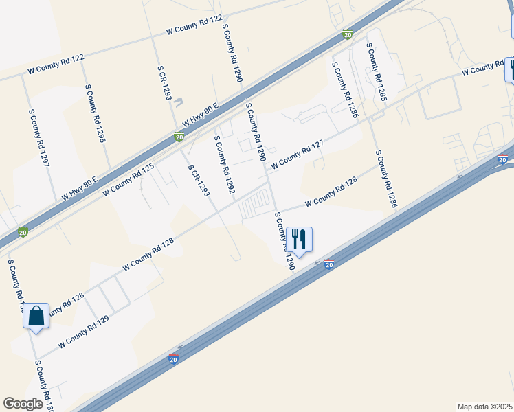 map of restaurants, bars, coffee shops, grocery stores, and more near 11524 West County Road 128 in Odessa