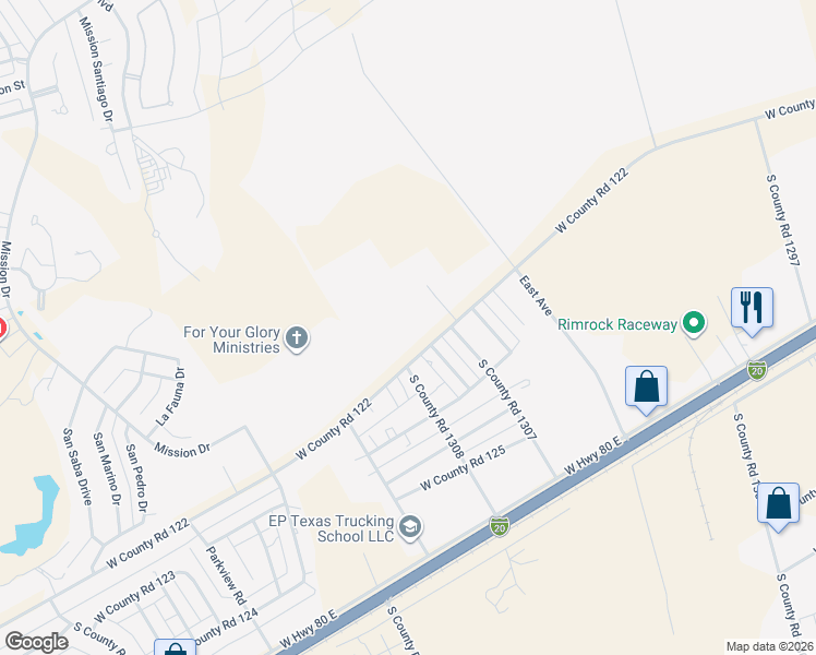 map of restaurants, bars, coffee shops, grocery stores, and more near 12800 West County Road 122 in Odessa