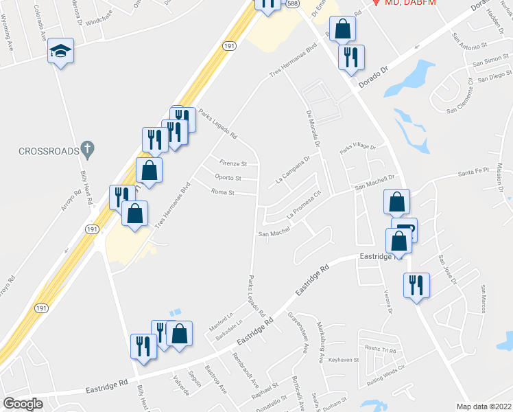 map of restaurants, bars, coffee shops, grocery stores, and more near Parks Legado Road in Odessa