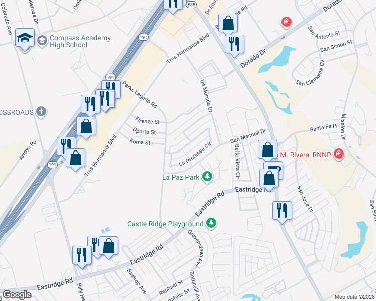 map of restaurants, bars, coffee shops, grocery stores, and more near 10 La Promesa Circle in Odessa