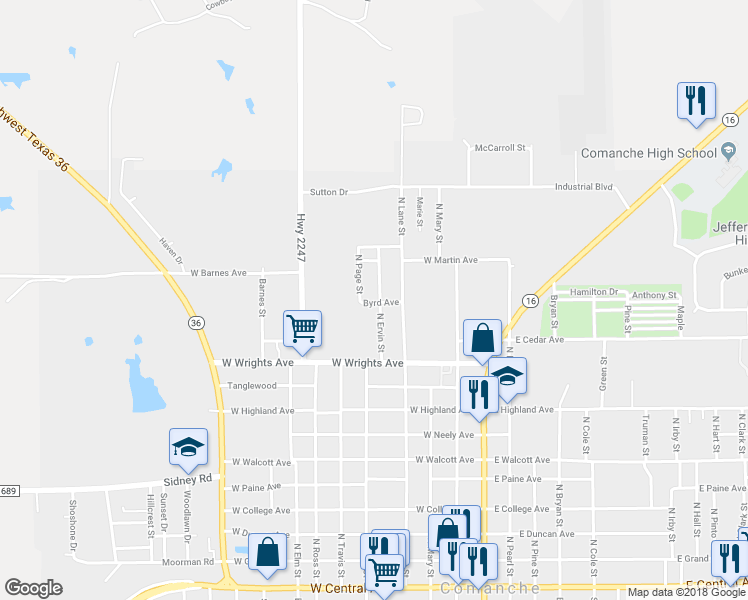 map of restaurants, bars, coffee shops, grocery stores, and more near 201 North Ervin Street in Comanche