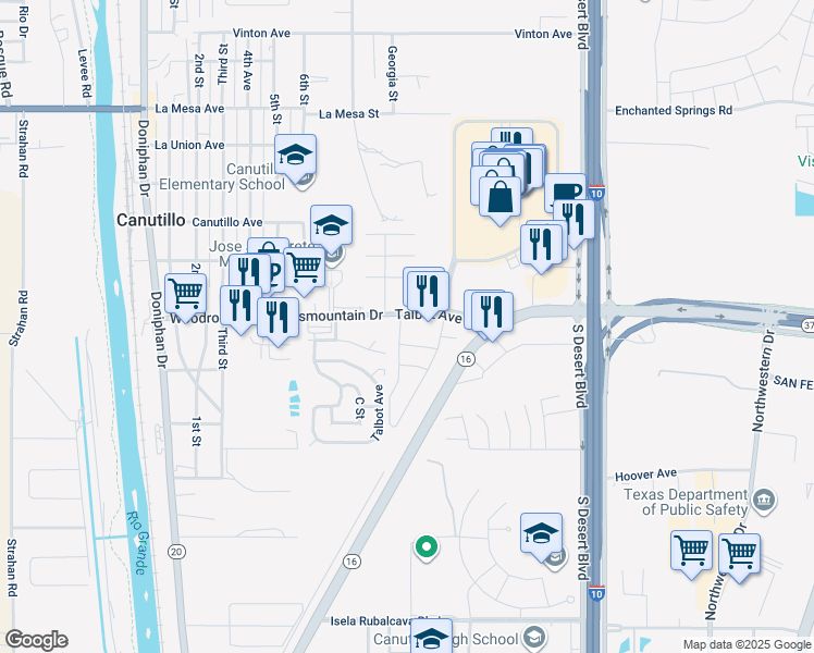 map of restaurants, bars, coffee shops, grocery stores, and more near b2 Road A in Canutillo