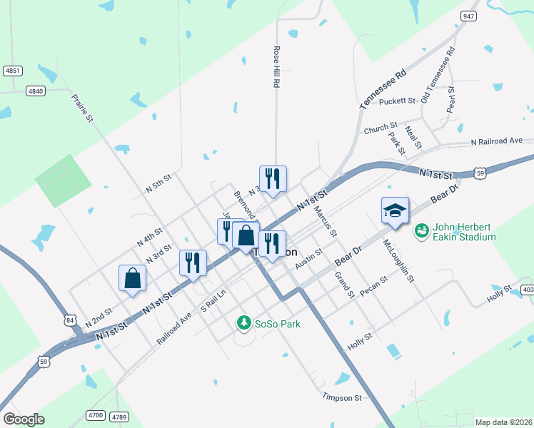 map of restaurants, bars, coffee shops, grocery stores, and more near 837 North 2nd Street in Timpson