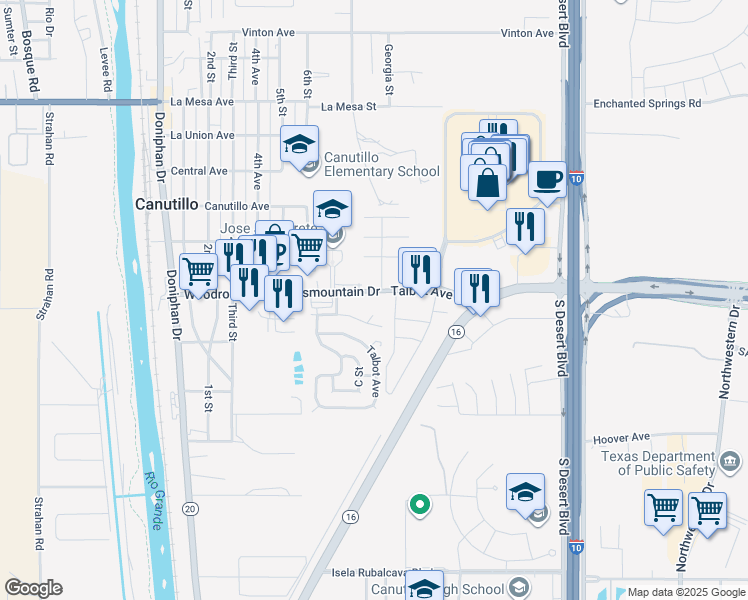 map of restaurants, bars, coffee shops, grocery stores, and more near 828 Talbot Avenue in Canutillo