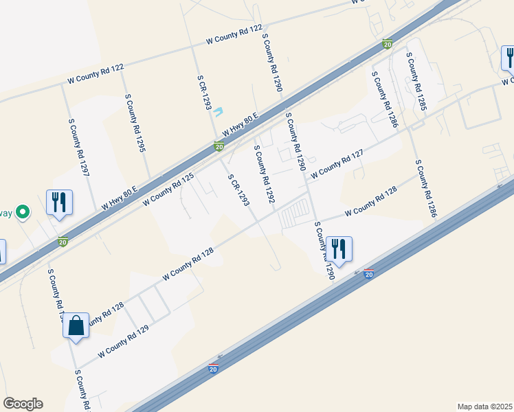 map of restaurants, bars, coffee shops, grocery stores, and more near 11524 West County Road 128 in Odessa