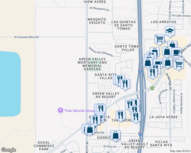 map of restaurants, bars, coffee shops, grocery stores, and more near 18847 South Brentford Drive in Sahuarita