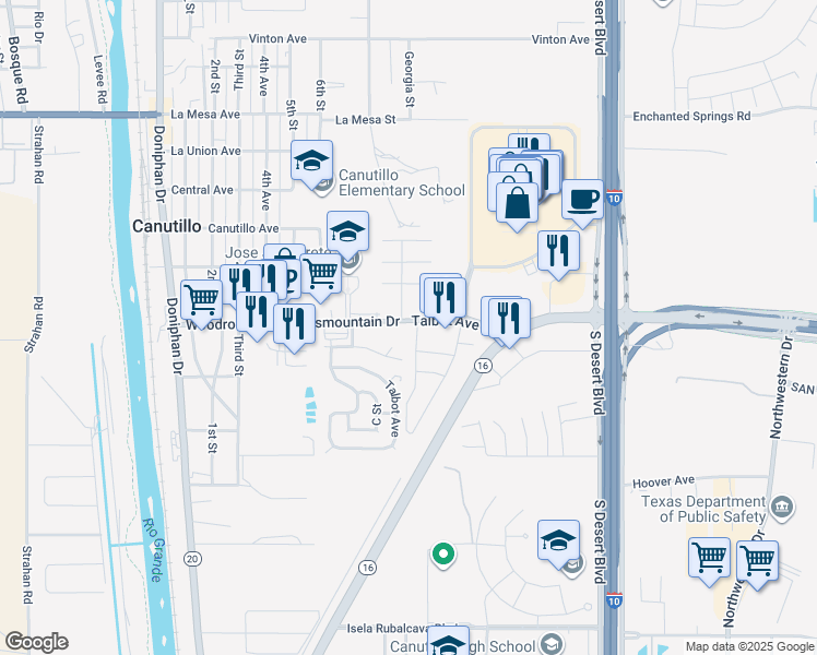 map of restaurants, bars, coffee shops, grocery stores, and more near 850 Talbot Avenue in Canutillo