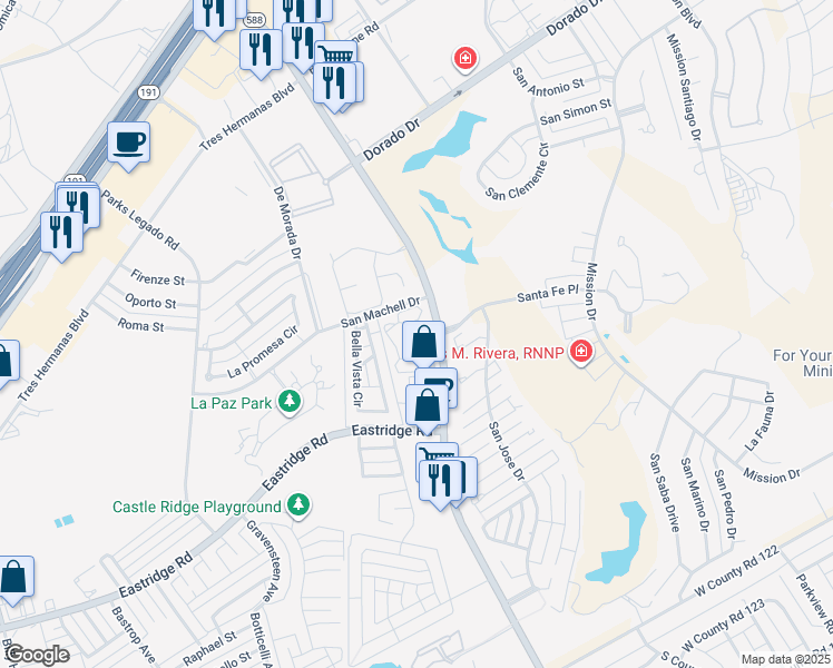 map of restaurants, bars, coffee shops, grocery stores, and more near 3601 Faudree Road in Odessa