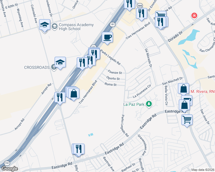 map of restaurants, bars, coffee shops, grocery stores, and more near 3923 Oporto Street in Odessa