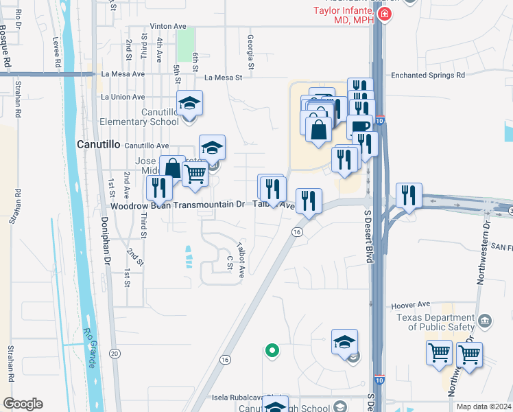 map of restaurants, bars, coffee shops, grocery stores, and more near b2 Road A in Canutillo