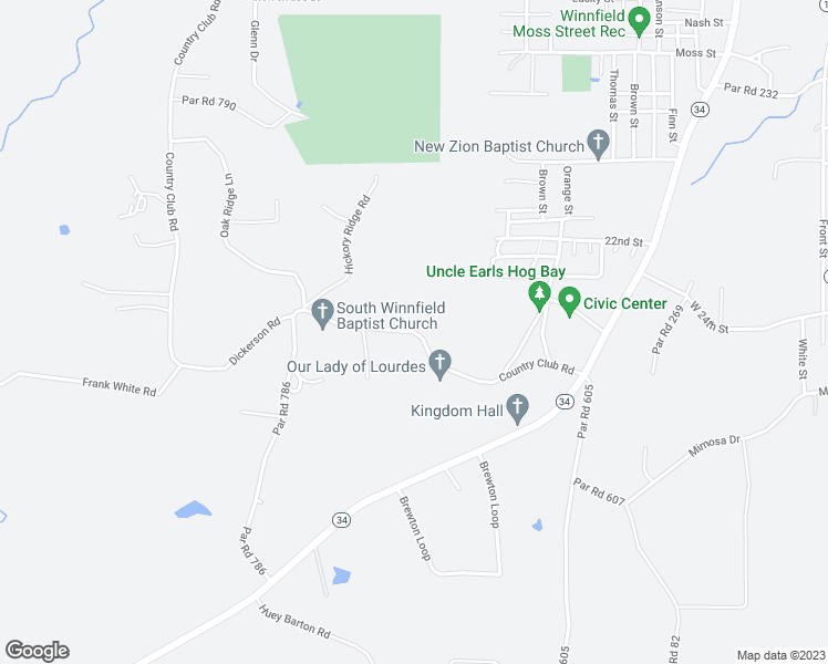 map of restaurants, bars, coffee shops, grocery stores, and more near Country Club Road in Winnfield