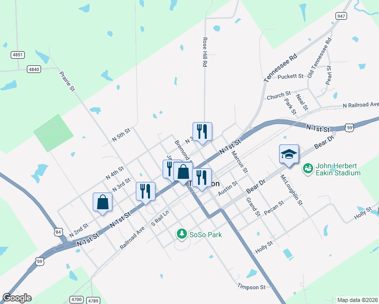 map of restaurants, bars, coffee shops, grocery stores, and more near 837-865 North 2nd Street in Timpson