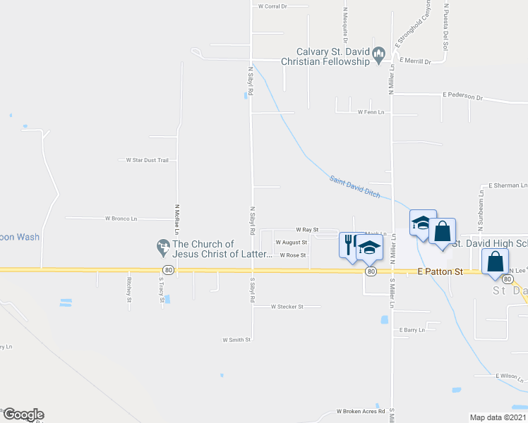 map of restaurants, bars, coffee shops, grocery stores, and more near 131 North Sibyl Road in St. David