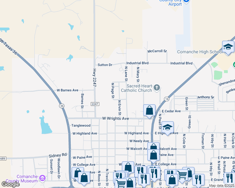 map of restaurants, bars, coffee shops, grocery stores, and more near 201 North Ervin Street in Comanche