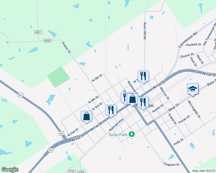 map of restaurants, bars, coffee shops, grocery stores, and more near 699 North 4th Street in Timpson