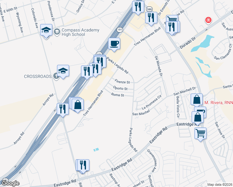 map of restaurants, bars, coffee shops, grocery stores, and more near 3923 Oporto Street in Odessa