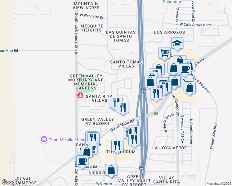 map of restaurants, bars, coffee shops, grocery stores, and more near 18808 South Avenida Palo Grabado in Sahuarita