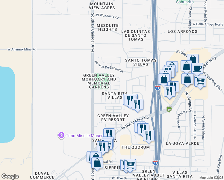 map of restaurants, bars, coffee shops, grocery stores, and more near 1283 West Westerham Drive in Green Valley