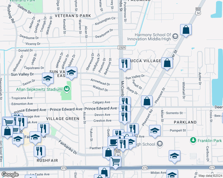 map of restaurants, bars, coffee shops, grocery stores, and more near 5733 Arrowhead Drive in El Paso