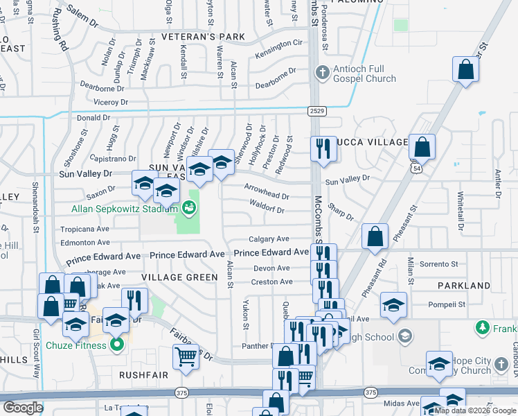 map of restaurants, bars, coffee shops, grocery stores, and more near 5656 Arrowhead Drive in El Paso