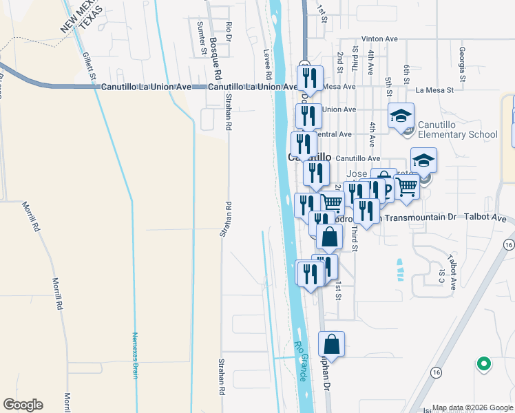 map of restaurants, bars, coffee shops, grocery stores, and more near 100-298 Strahan Road in El Paso